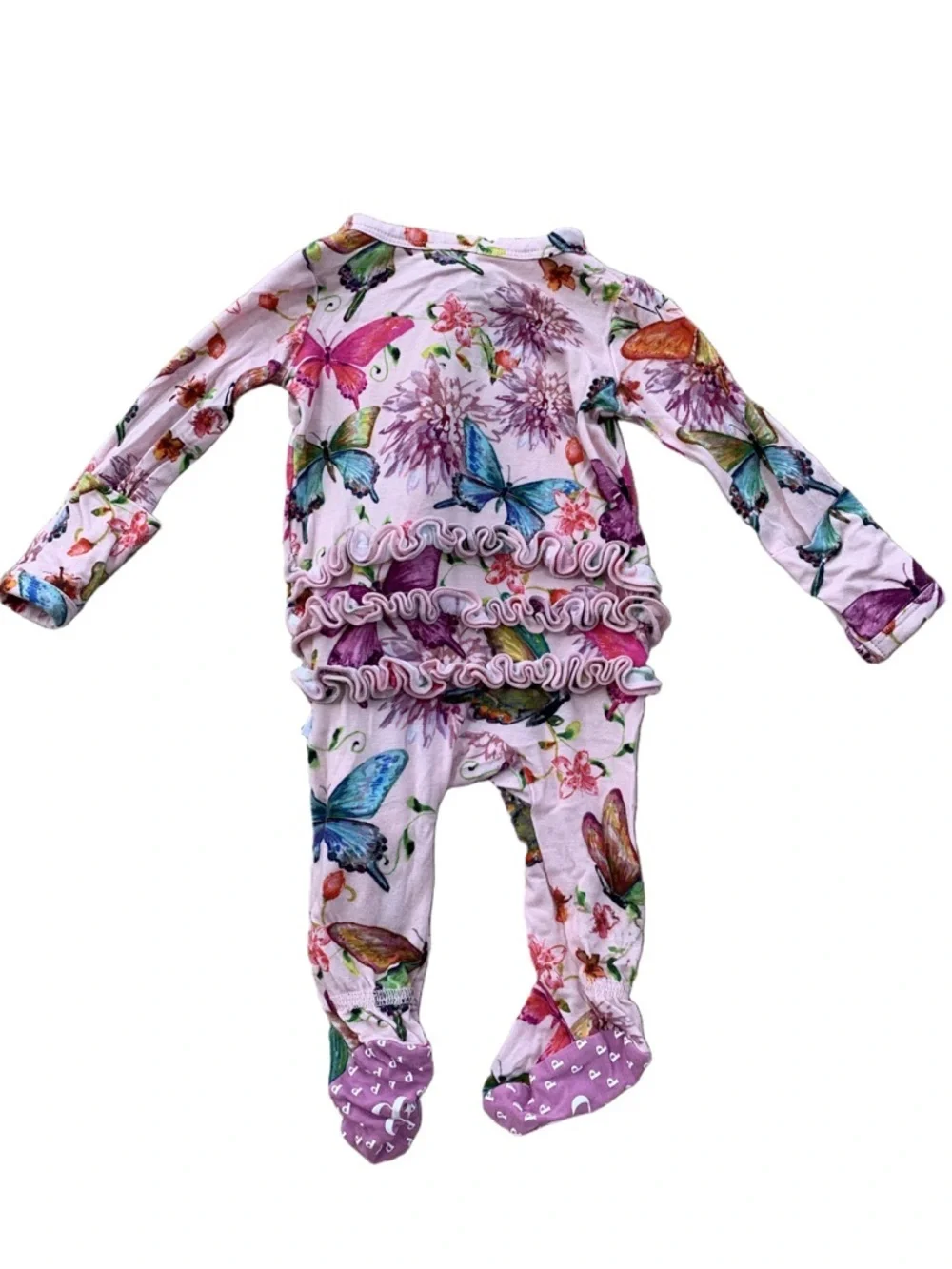 Posh Peanut Size Preemie Pink Watercolor Butterfly Ruffle Bamboo Footie Sleeper